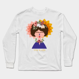 Funny tshirt, cute Frida kahlo feminist, feminism portrait, mexican painter colorful flowers viva la vida Long Sleeve T-Shirt